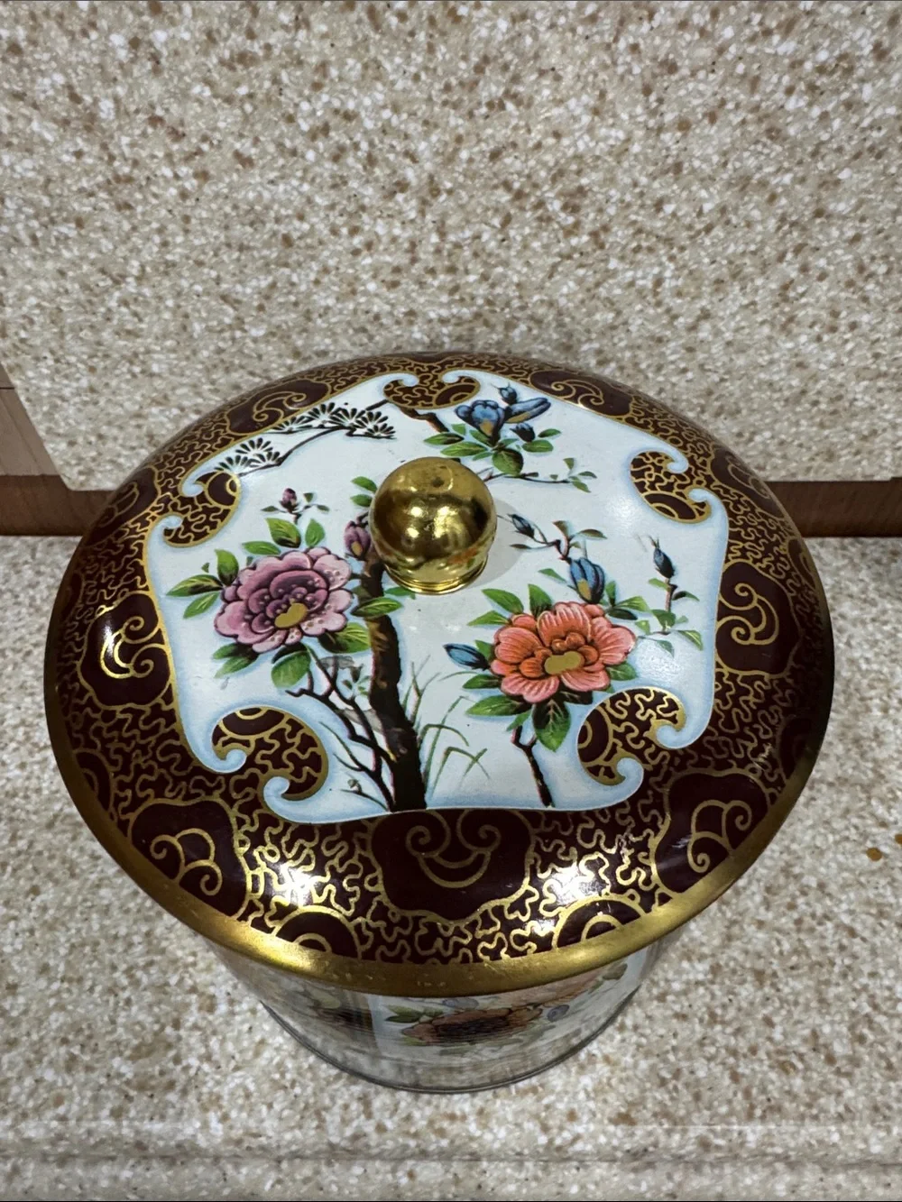 Decorative Floral Tin Canister Made in England with Gold Accent Lidded